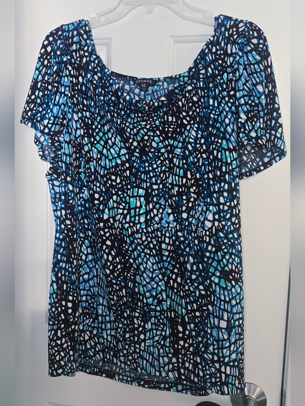 George Blue and Black Mosaic Cowl Neck Short Sleeve Top